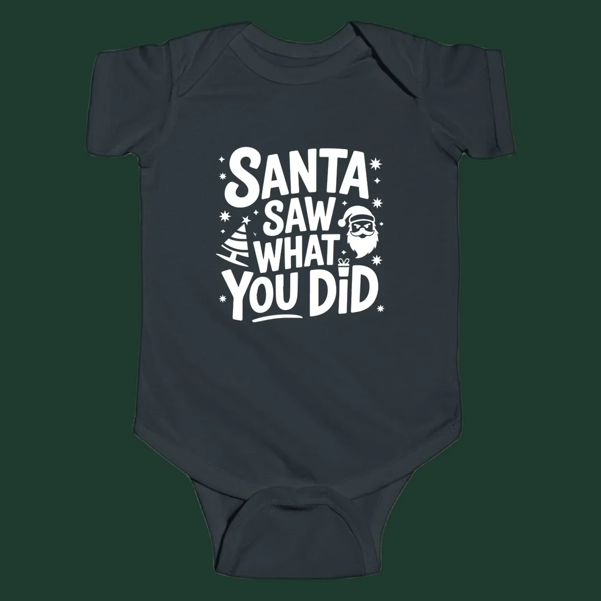 Santa saw what you did graphic t-shirt with Santa, tree, gift, and stars.