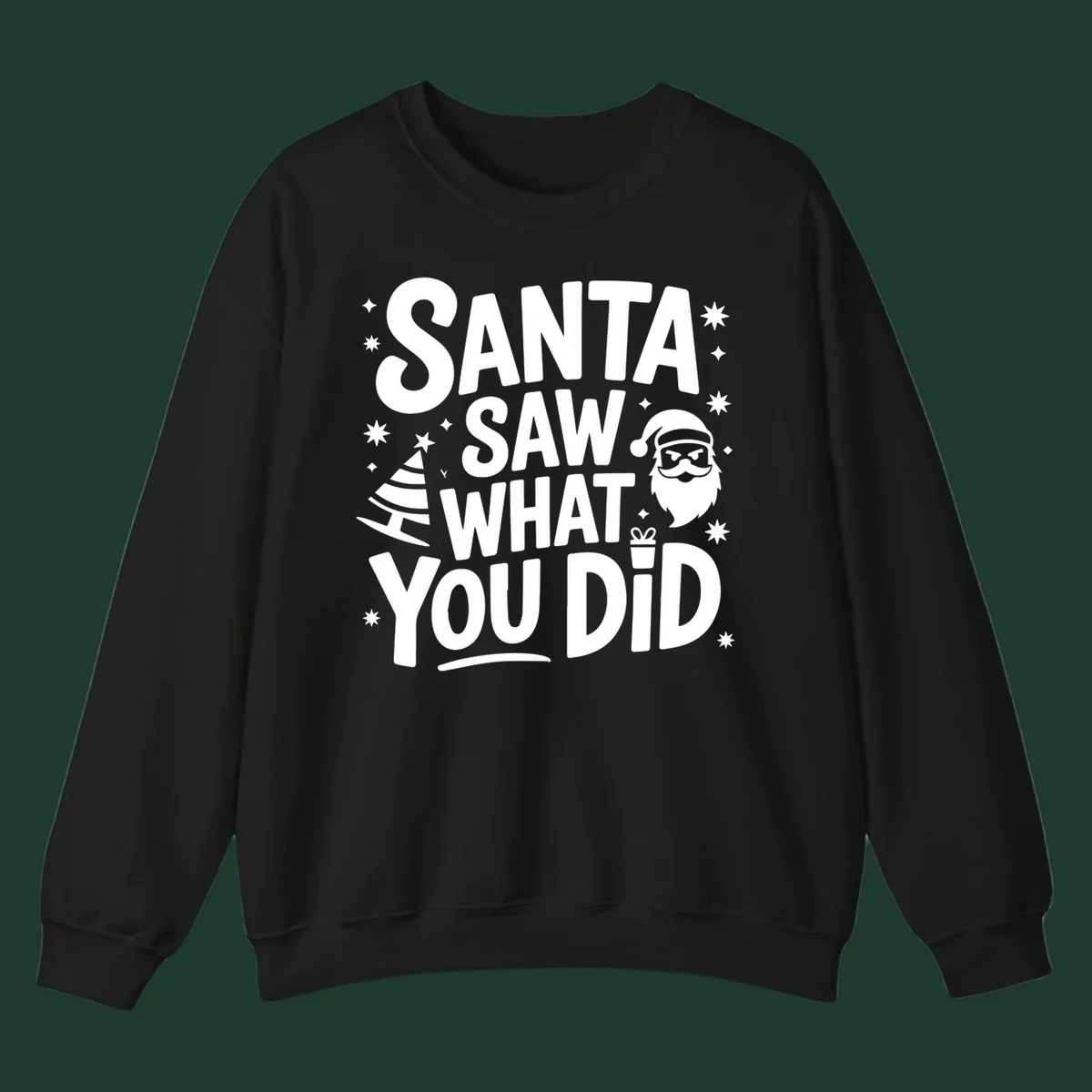 Santa saw what you did graphic t-shirt with Santa, tree, gift, and stars.