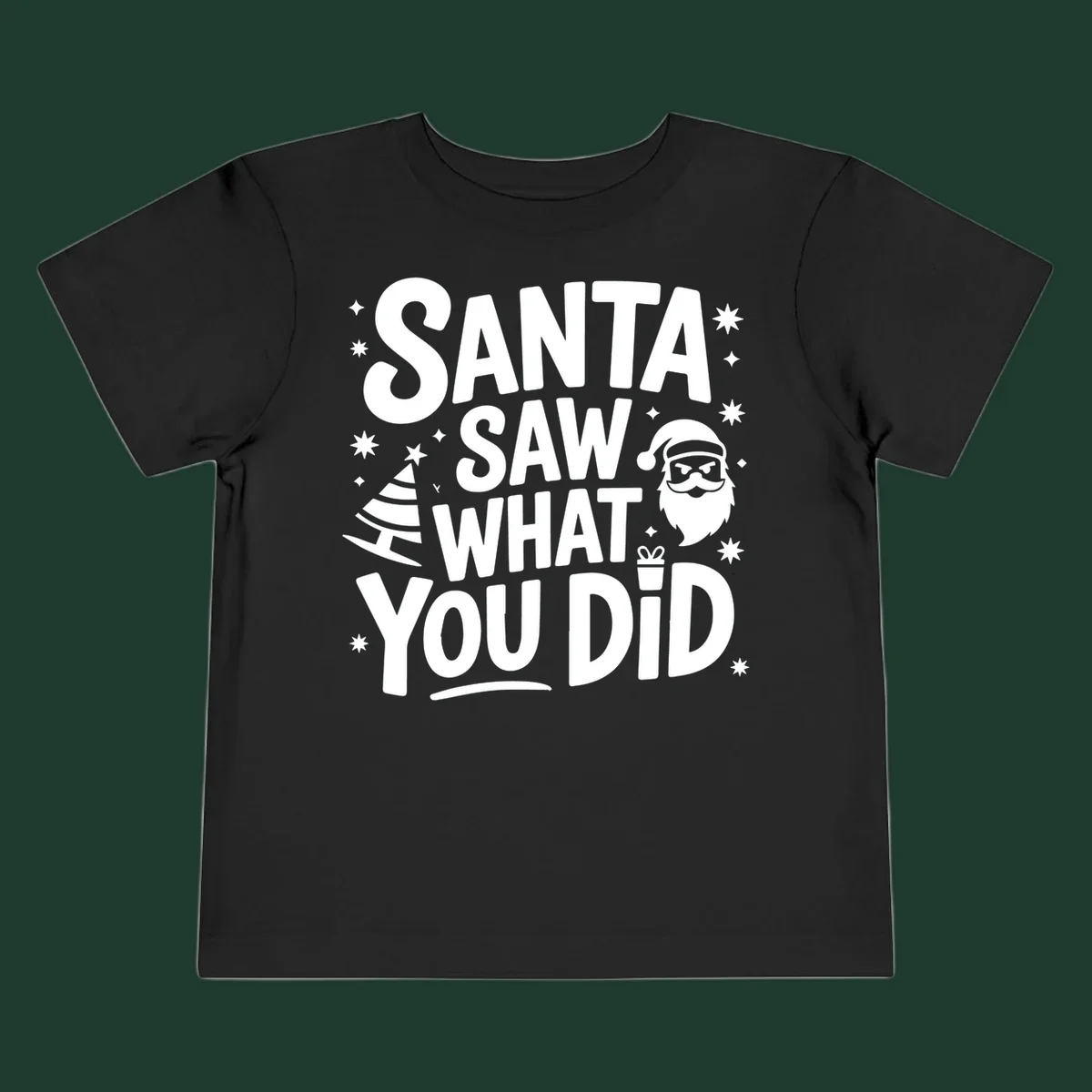Santa saw what you did graphic t-shirt with Santa, tree, gift, and stars.