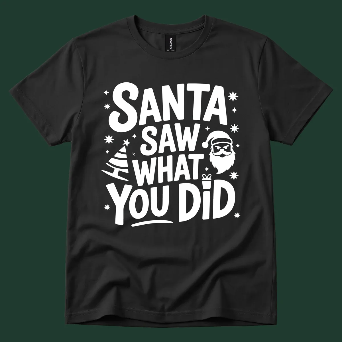 Santa saw what you did graphic t-shirt with Santa, tree, gift, and stars.