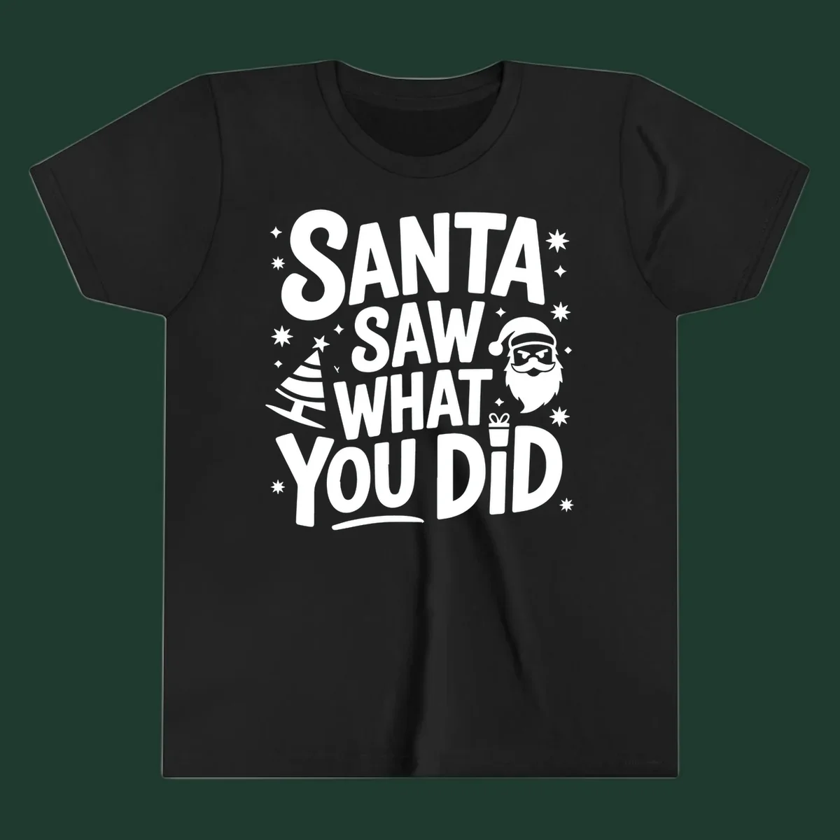 Santa saw what you did graphic t-shirt with Santa, tree, gift, and stars.
