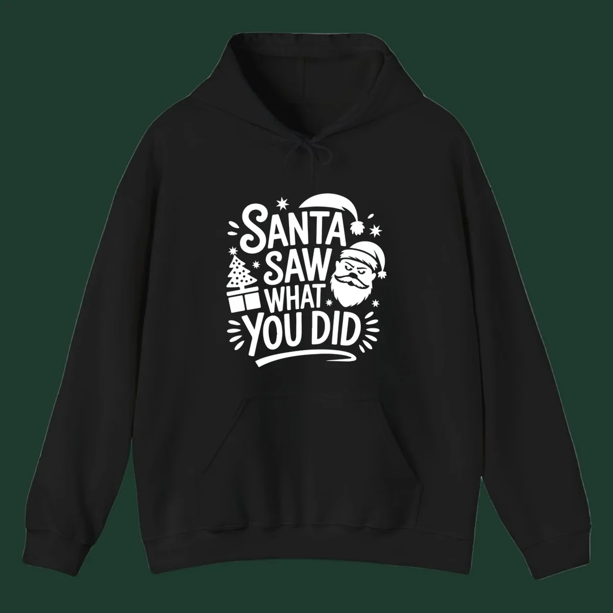Santa Saw What You Did Christmas graphic with Santa's face and tree.