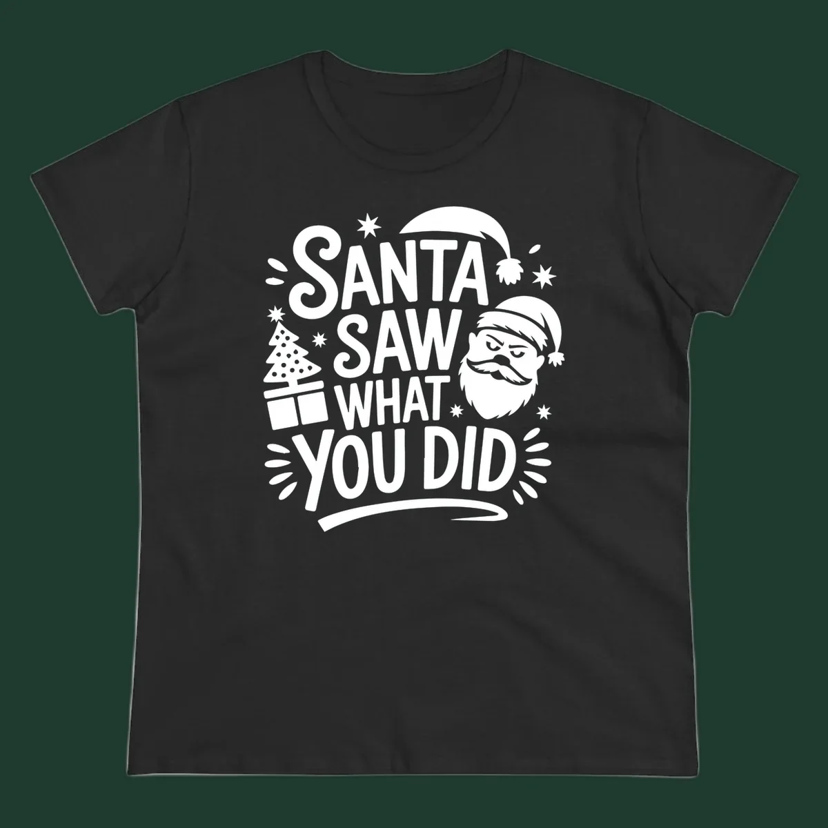Santa Saw What You Did Christmas graphic with Santa's face and tree.
