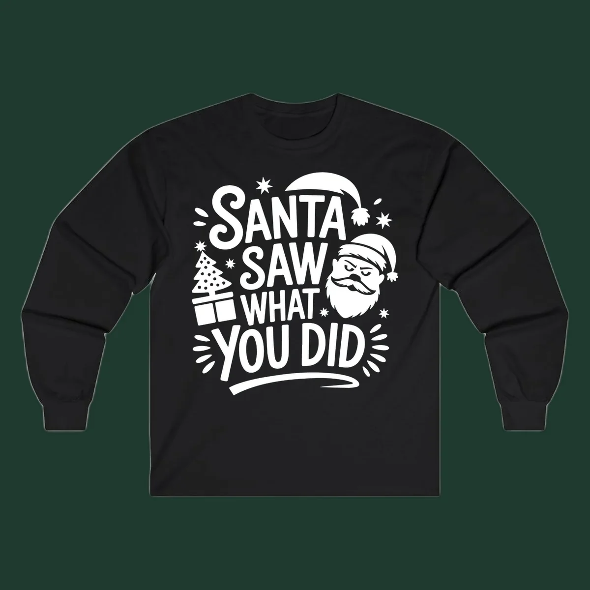 Santa Saw What You Did Christmas graphic with Santa's face and tree.
