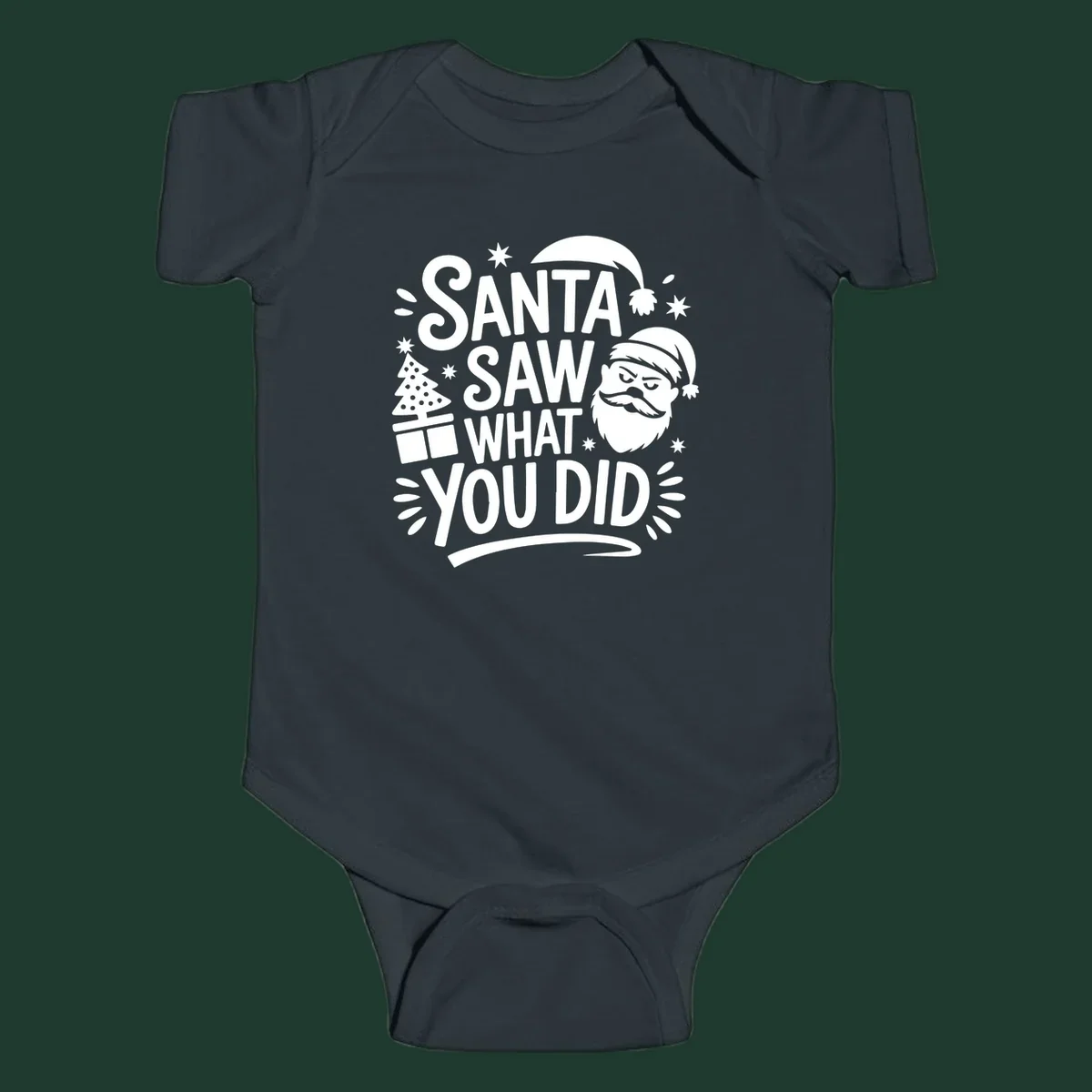 Santa Saw What You Did Christmas graphic with Santa's face and tree.