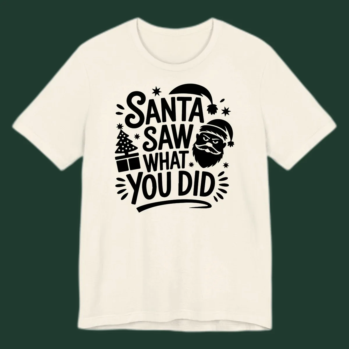 Santa Saw What You Did Christmas graphic with Santa's face and tree.