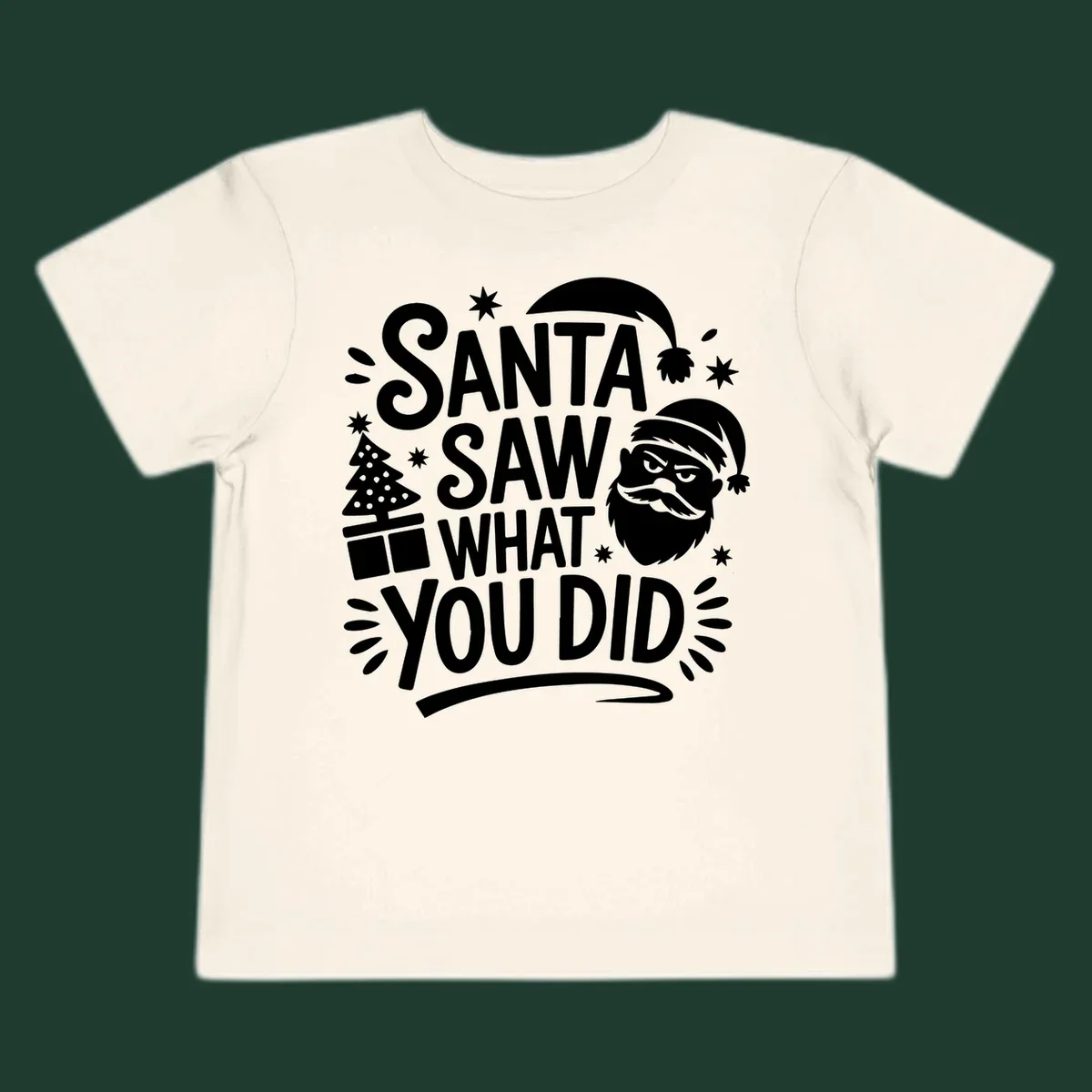 Santa Saw What You Did Christmas graphic with Santa's face and tree.