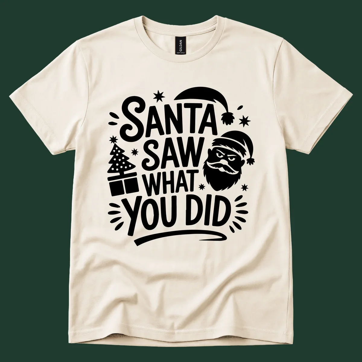 Santa Saw What You Did Christmas graphic with Santa's face and tree.