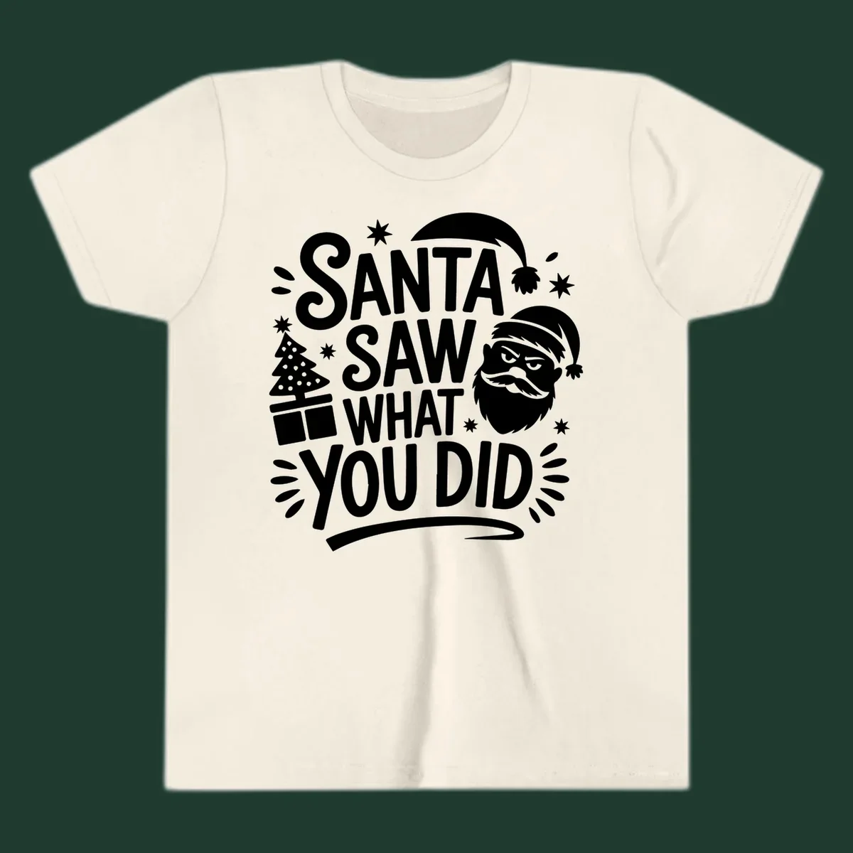 Santa Saw What You Did Christmas graphic with Santa's face and tree.