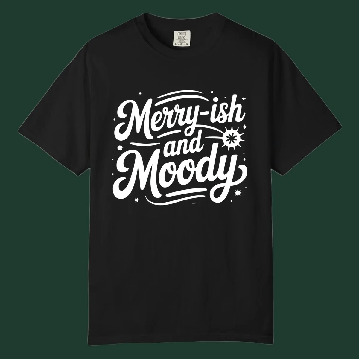 Merry-ish and Moody typography design with stars and a starburst graphic.