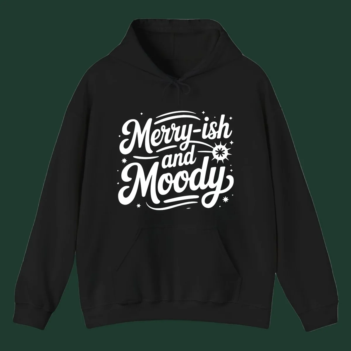 Merry-ish and Moody typography design with stars and a starburst graphic.