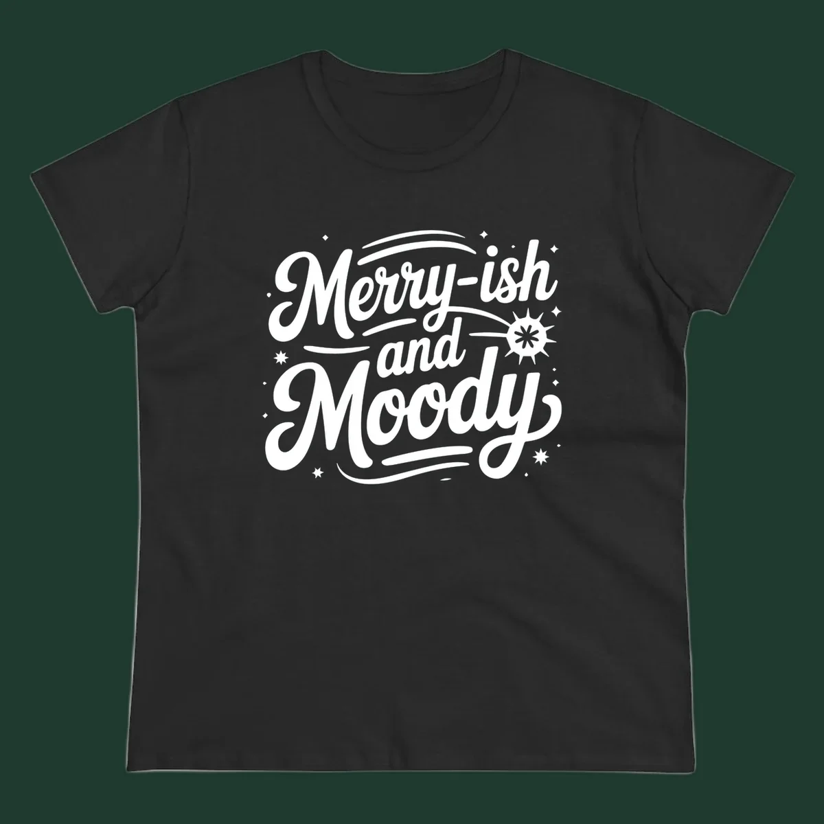Merry-ish and Moody typography design with stars and a starburst graphic.