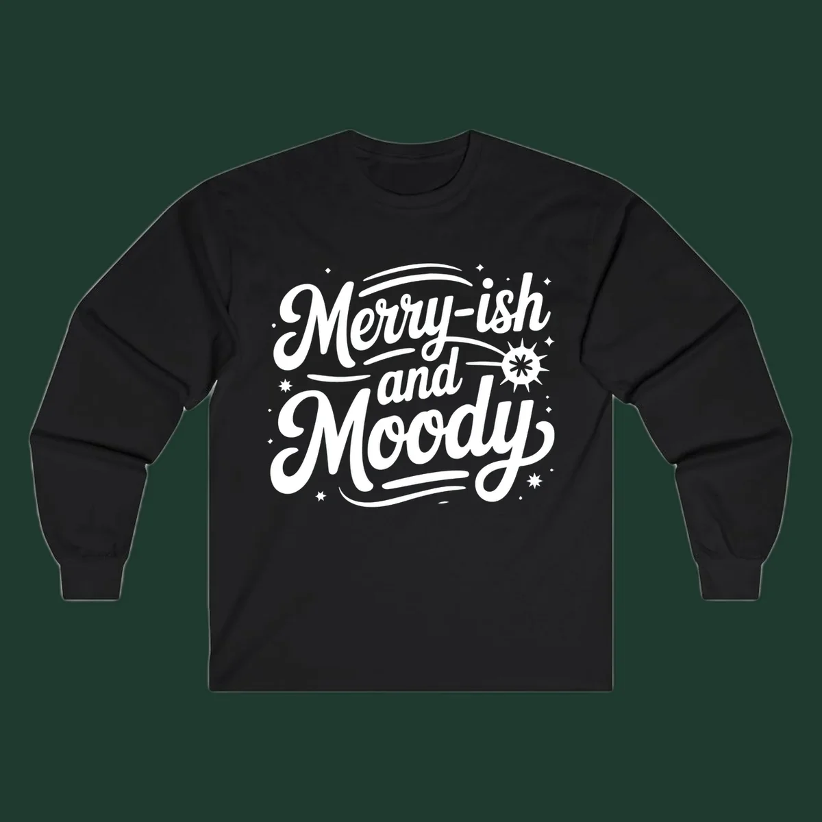 Merry-ish and Moody typography design with stars and a starburst graphic.