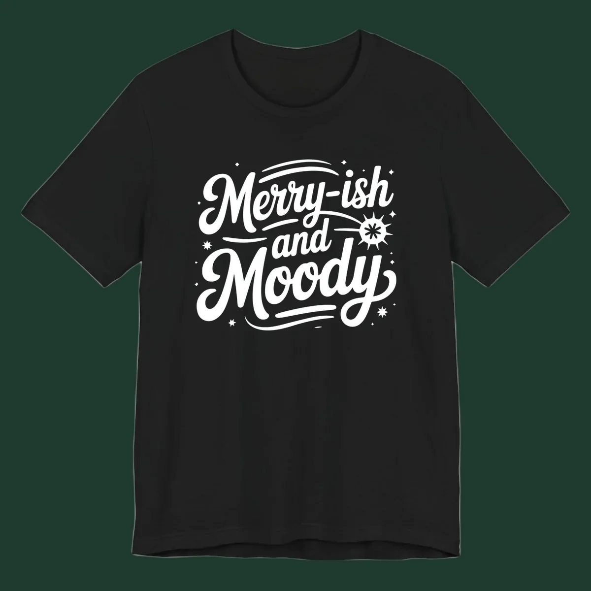 Merry-ish and Moody typography design with stars and a starburst graphic.