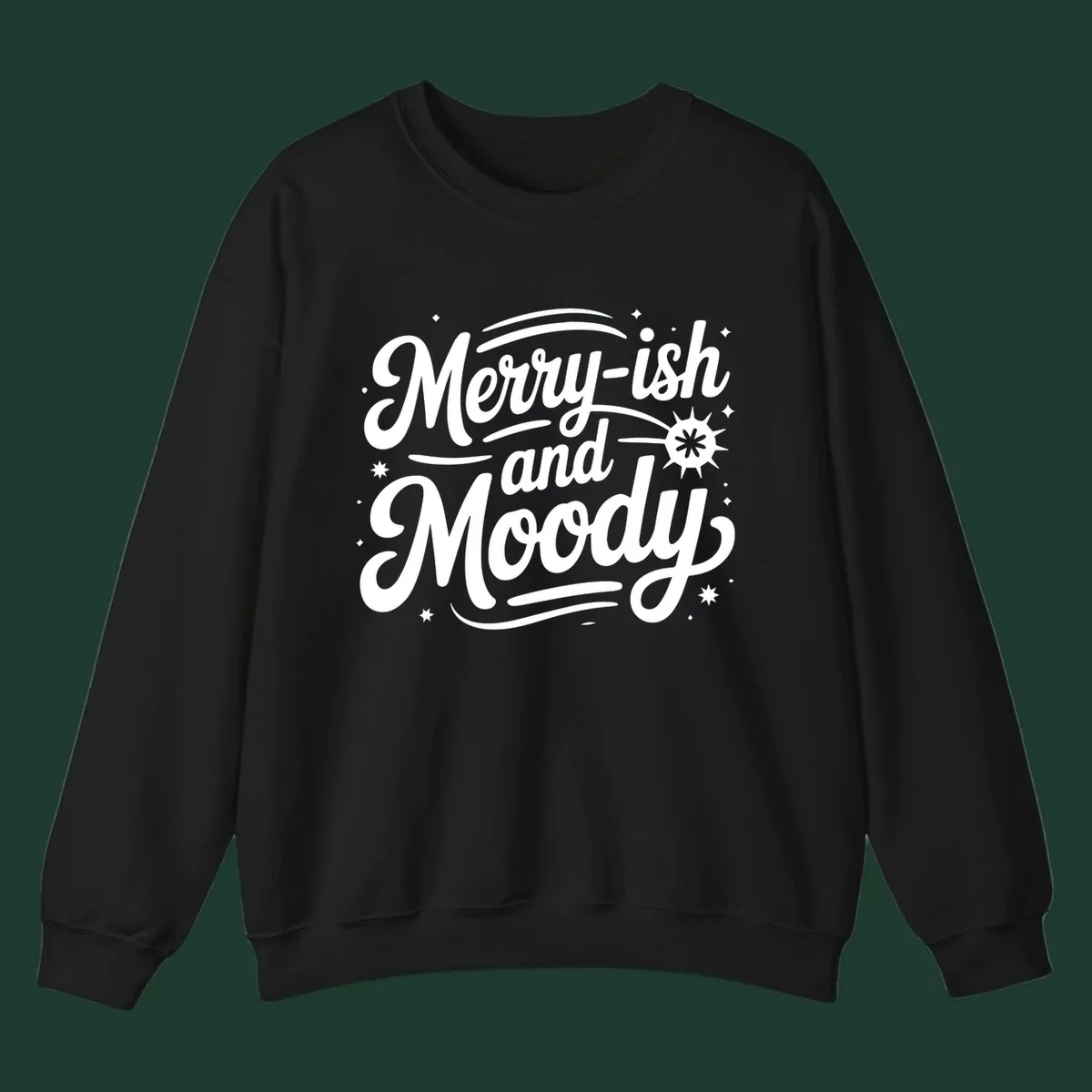 Merry-ish and Moody typography design with stars and a starburst graphic.