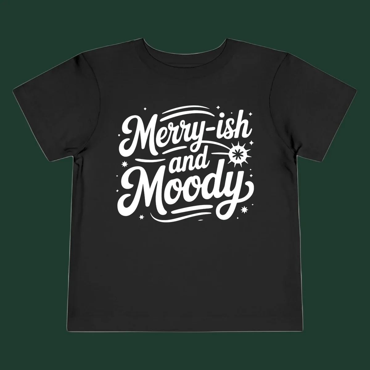 Merry-ish and Moody typography design with stars and a starburst graphic.