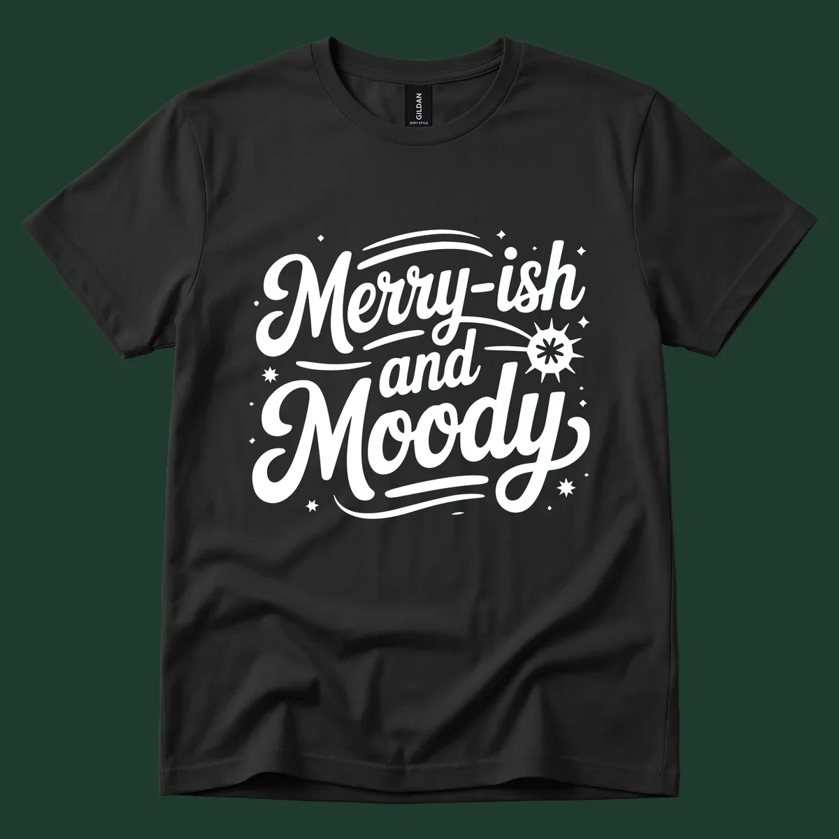 Merry-ish and Moody typography design with stars and a starburst graphic.