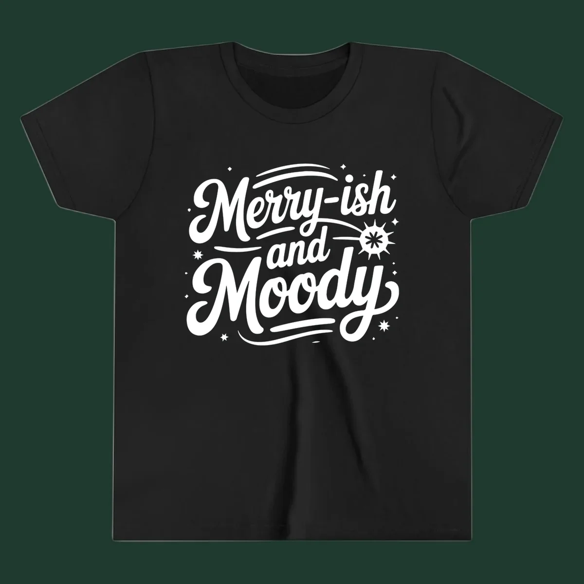 Merry-ish and Moody typography design with stars and a starburst graphic.