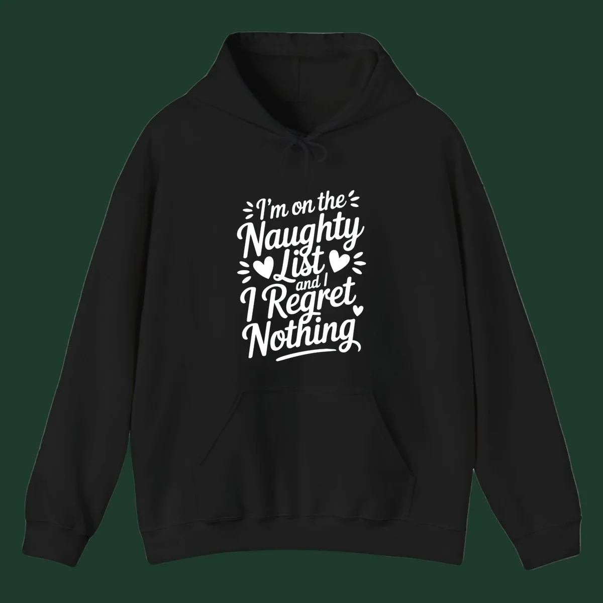 Naughty list regret nothing typography design with hearts and dots.