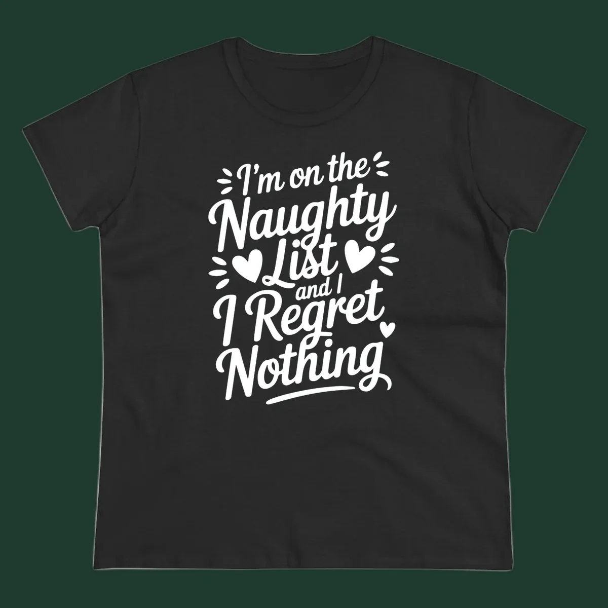 Naughty list regret nothing typography design with hearts and dots.