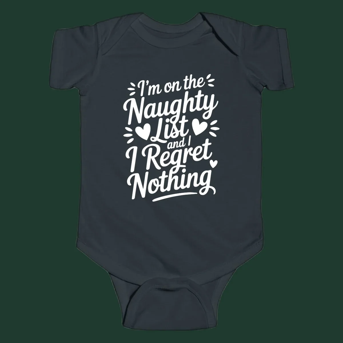 Naughty list regret nothing typography design with hearts and dots.