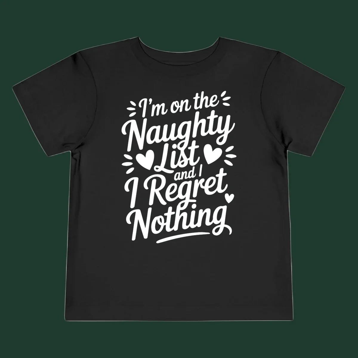 Naughty list regret nothing typography design with hearts and dots.