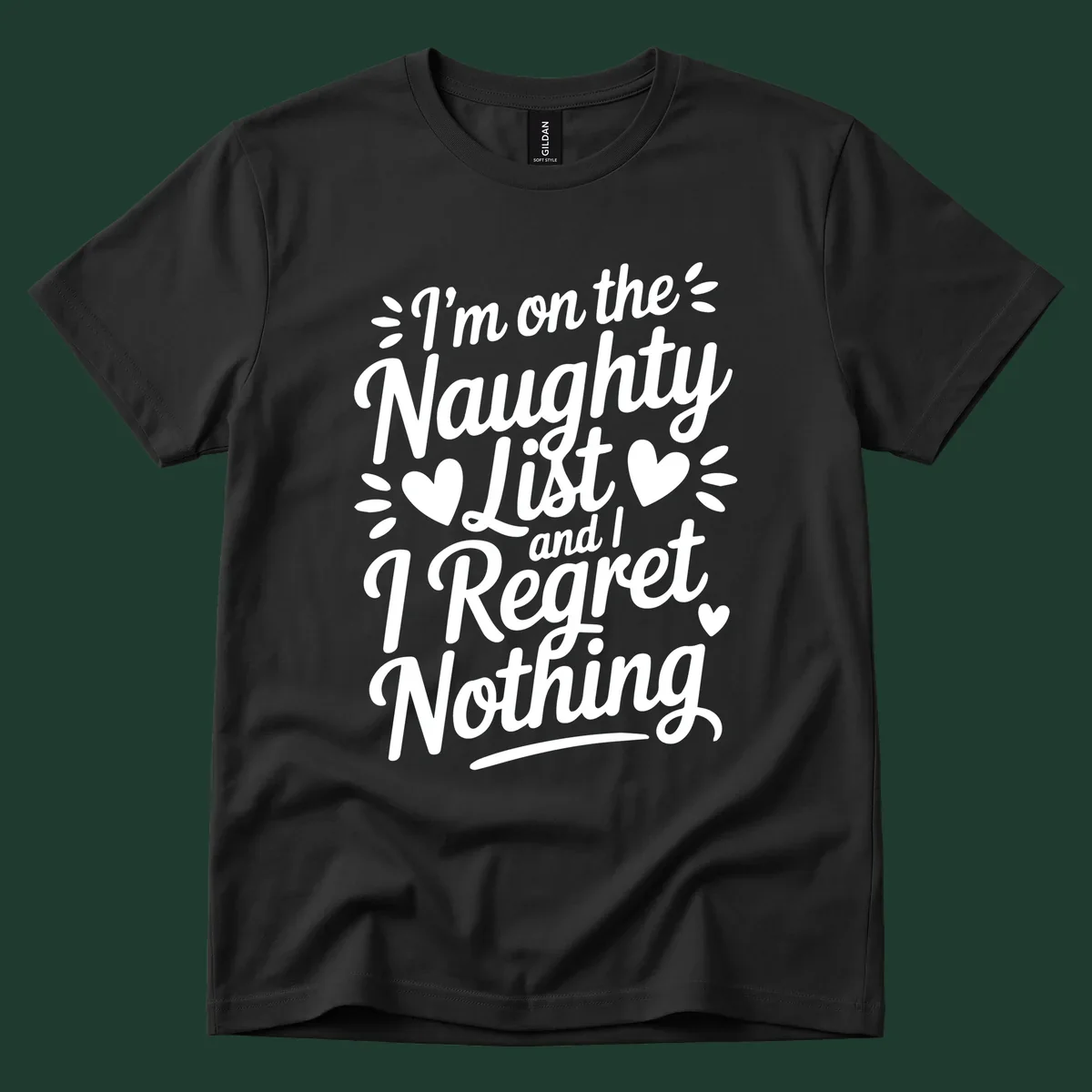 Naughty list regret nothing typography design with hearts and dots.