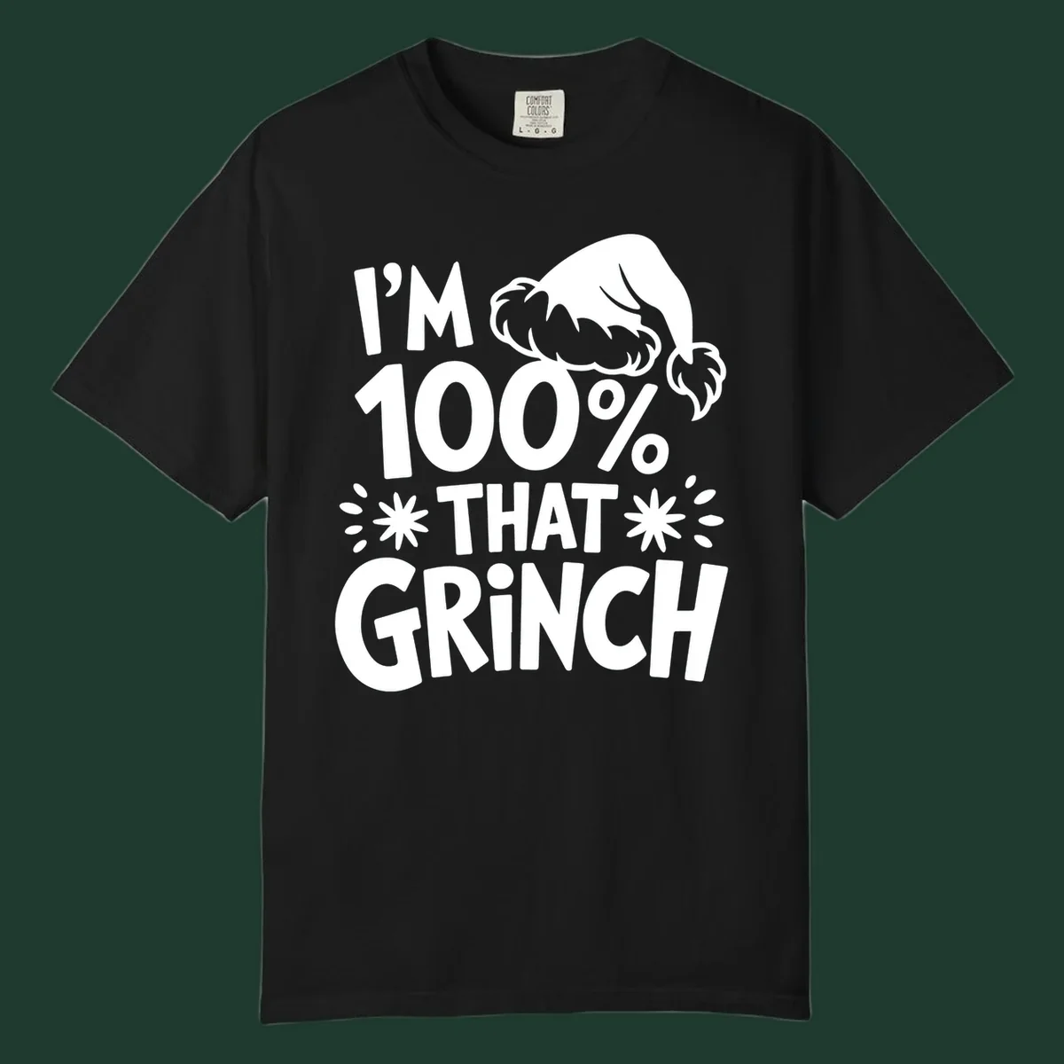 I'm 100% That Grinch text with Santa hat illustration. Primary keyword: that-grinch.