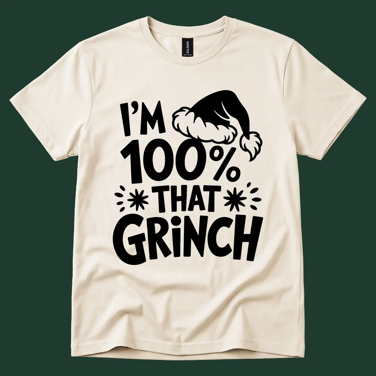 I'm 100% That Grinch text with Santa hat illustration. Primary keyword: that-grinch.