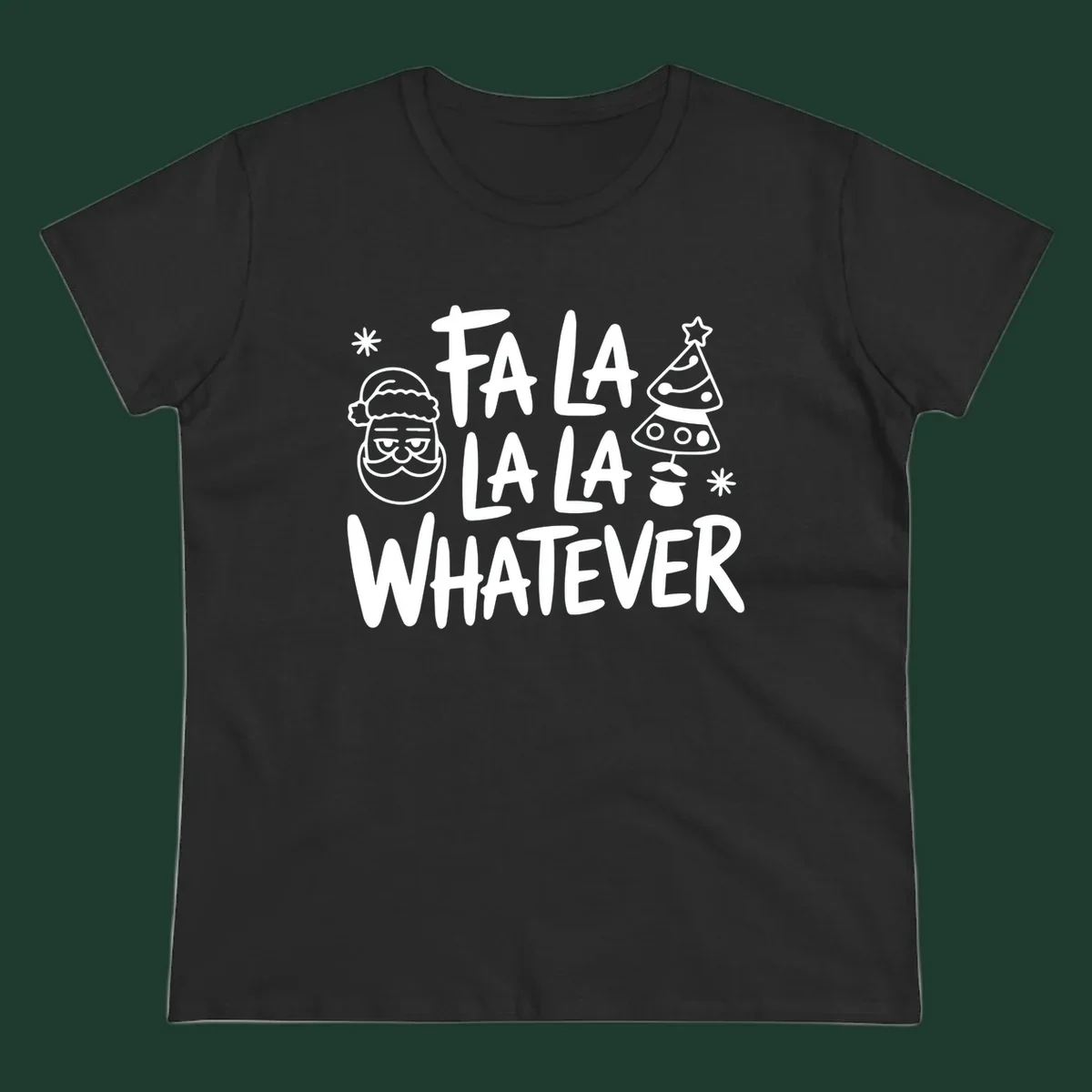 Fa la la whatever christmas graphic with santa and tree.