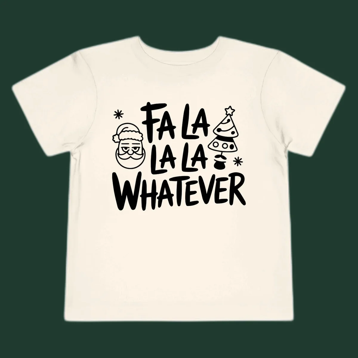Fa la la whatever christmas graphic with santa and tree.