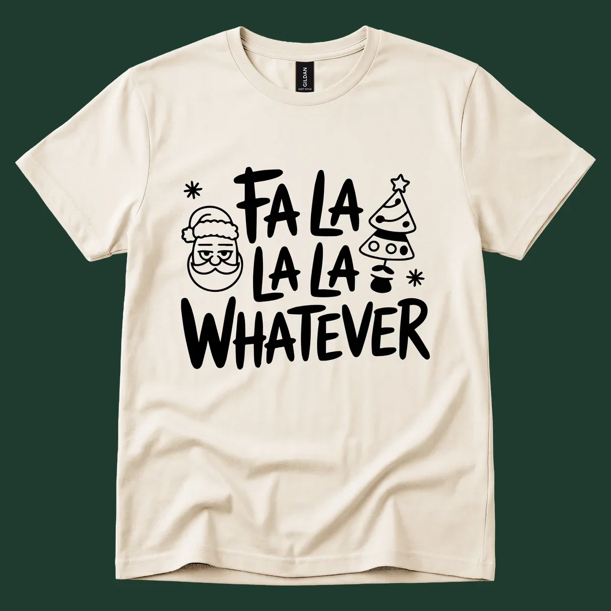 Fa la la whatever christmas graphic with santa and tree.