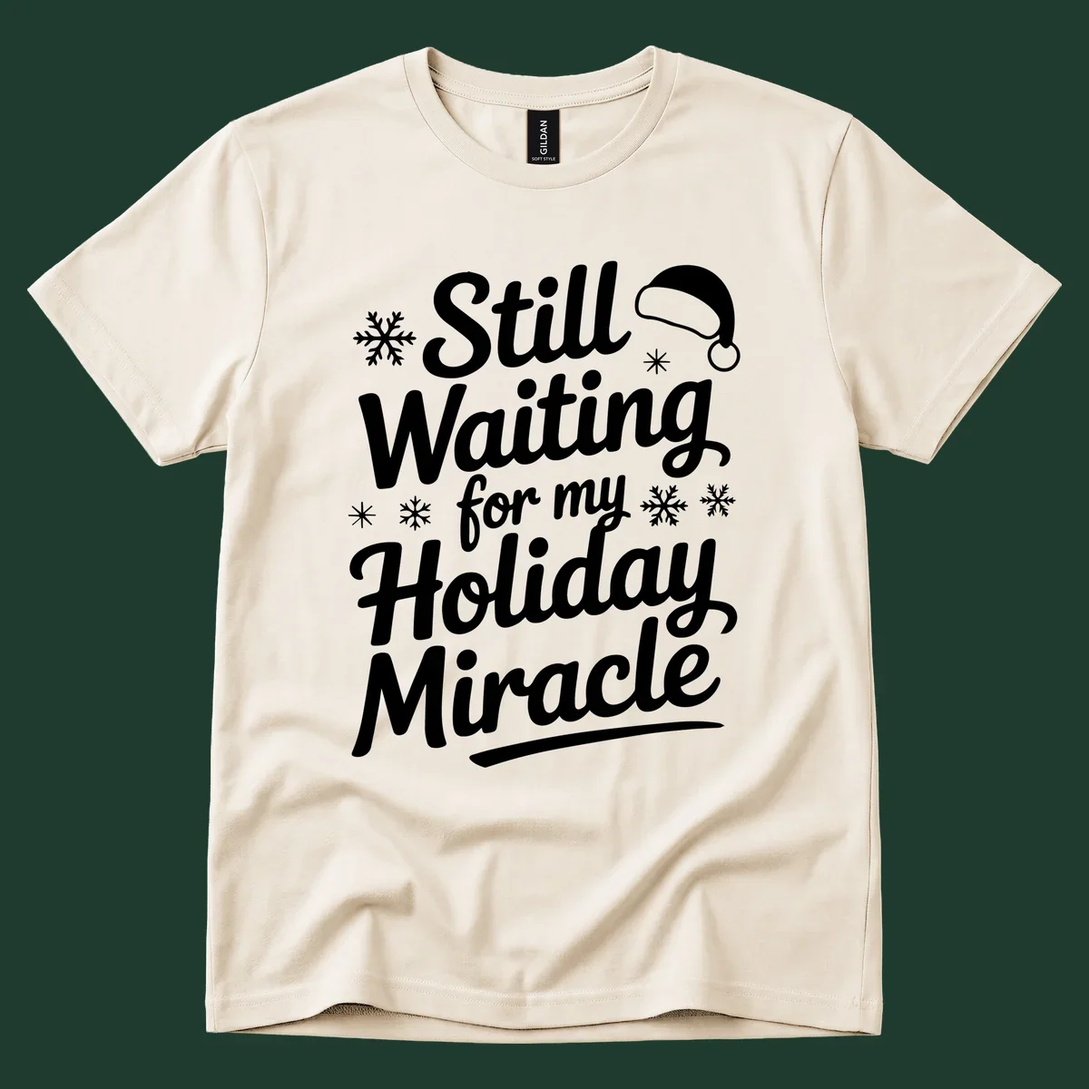 Text reading "Still Waiting for my Holiday Miracle" with snowflakes and a Santa hat graphic.