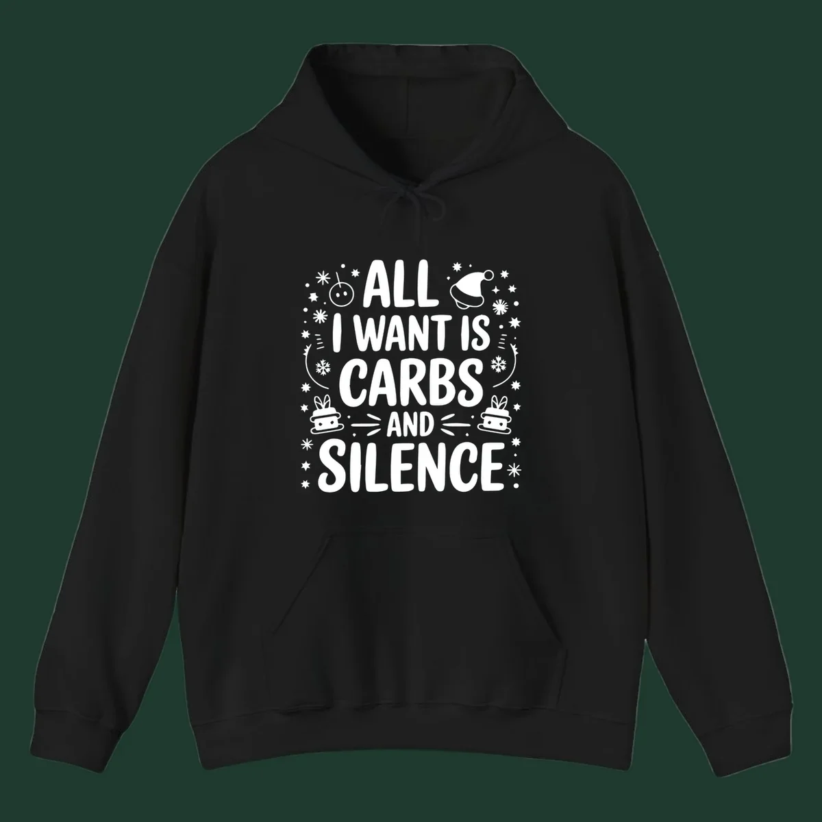 Text design 'All I Want Is Carbs And Silence' with Christmas graphics.