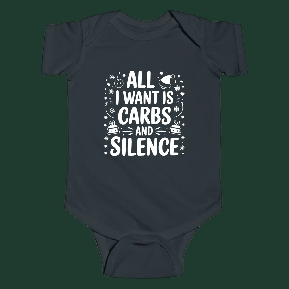 Text design 'All I Want Is Carbs And Silence' with Christmas graphics.