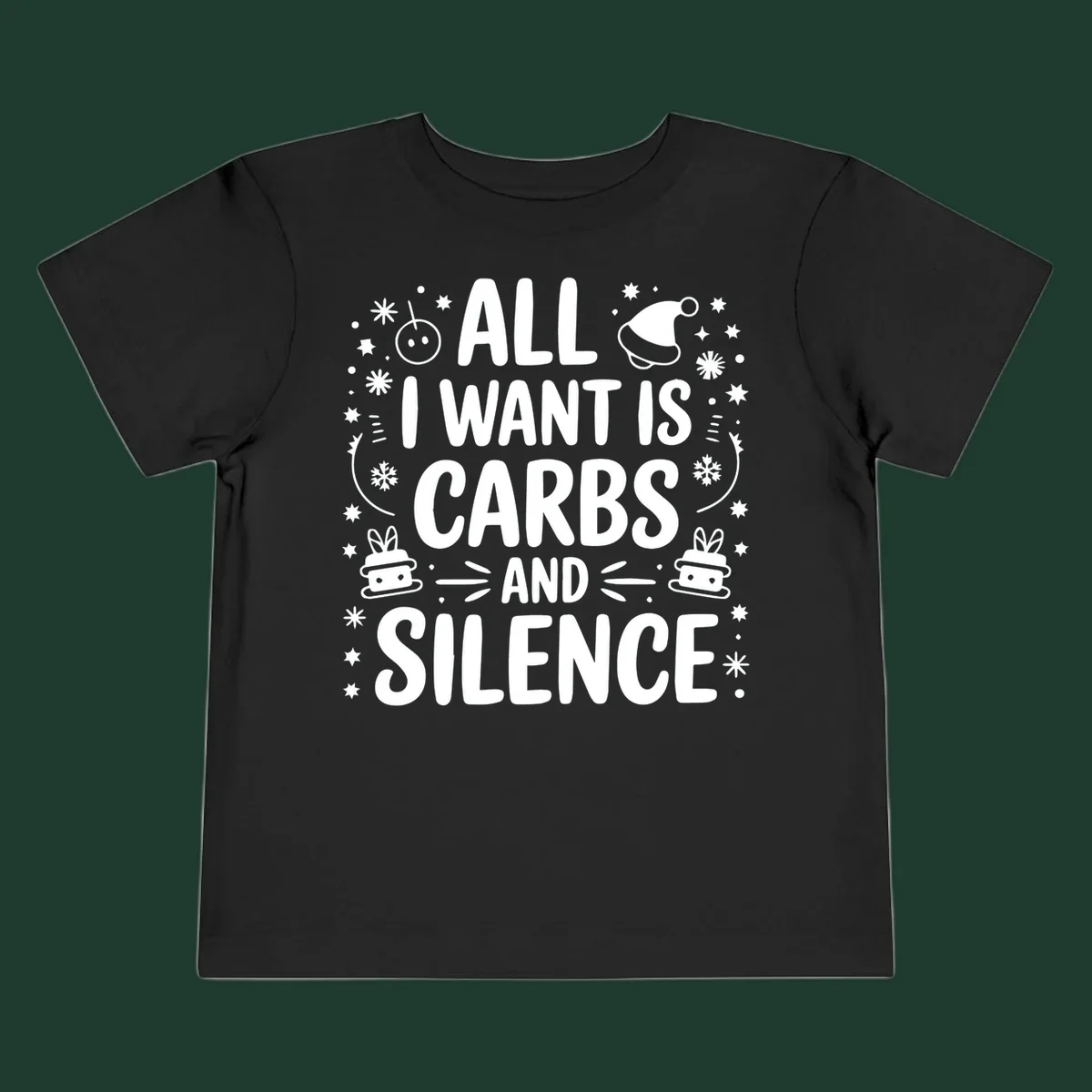Text design 'All I Want Is Carbs And Silence' with Christmas graphics.