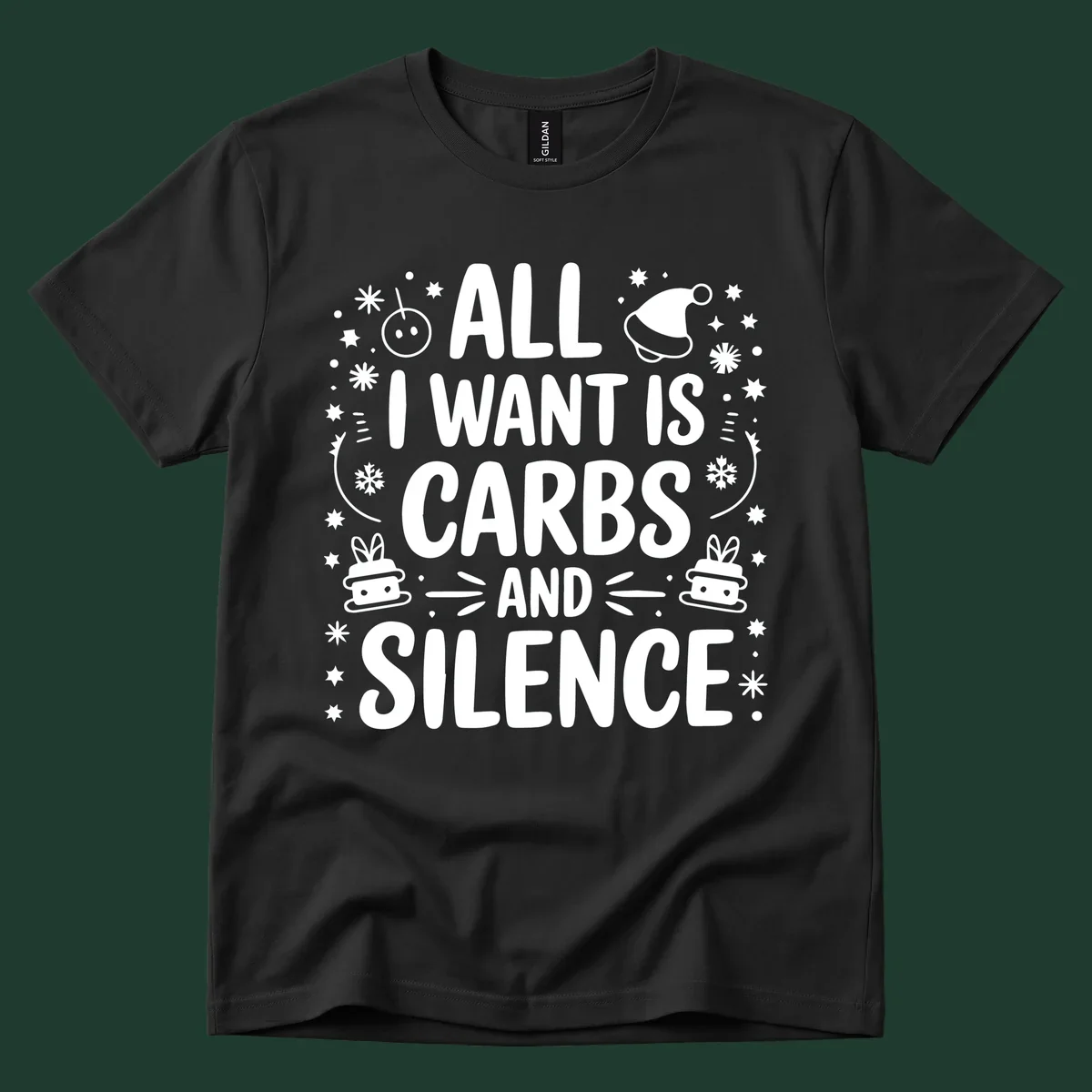 Text design 'All I Want Is Carbs And Silence' with Christmas graphics.