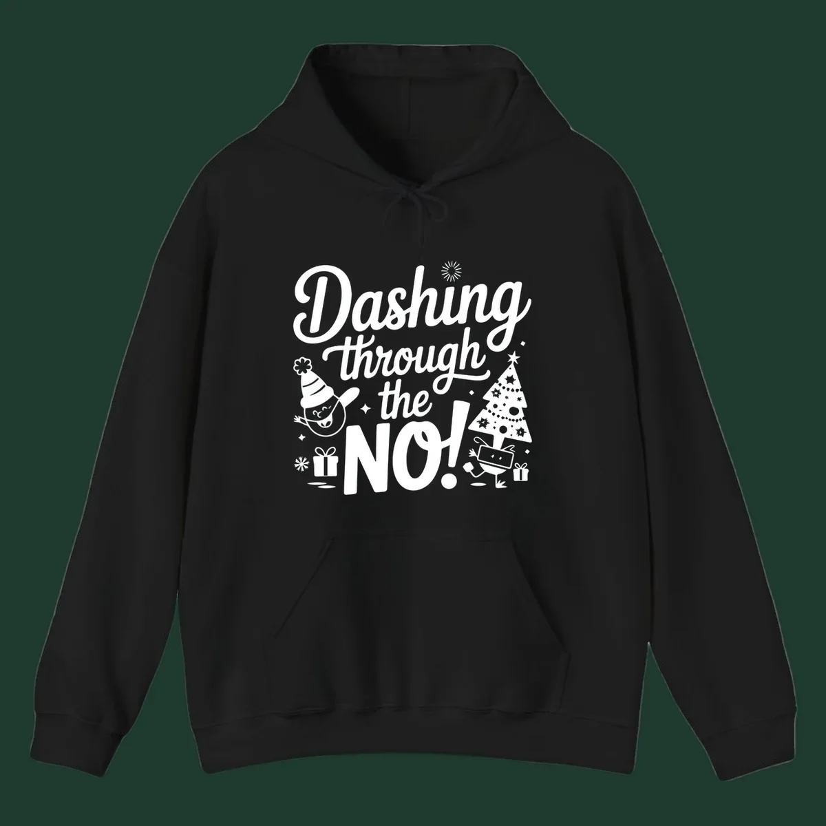 Dashing through the NO! Christmas graphic with text, tree, gifts, and characters.
