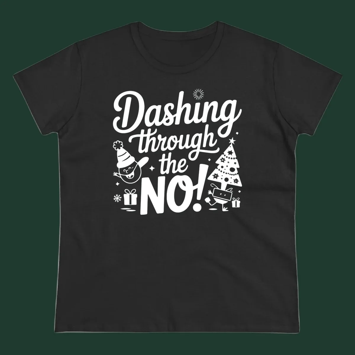 Dashing through the NO! Christmas graphic with text, tree, gifts, and characters.
