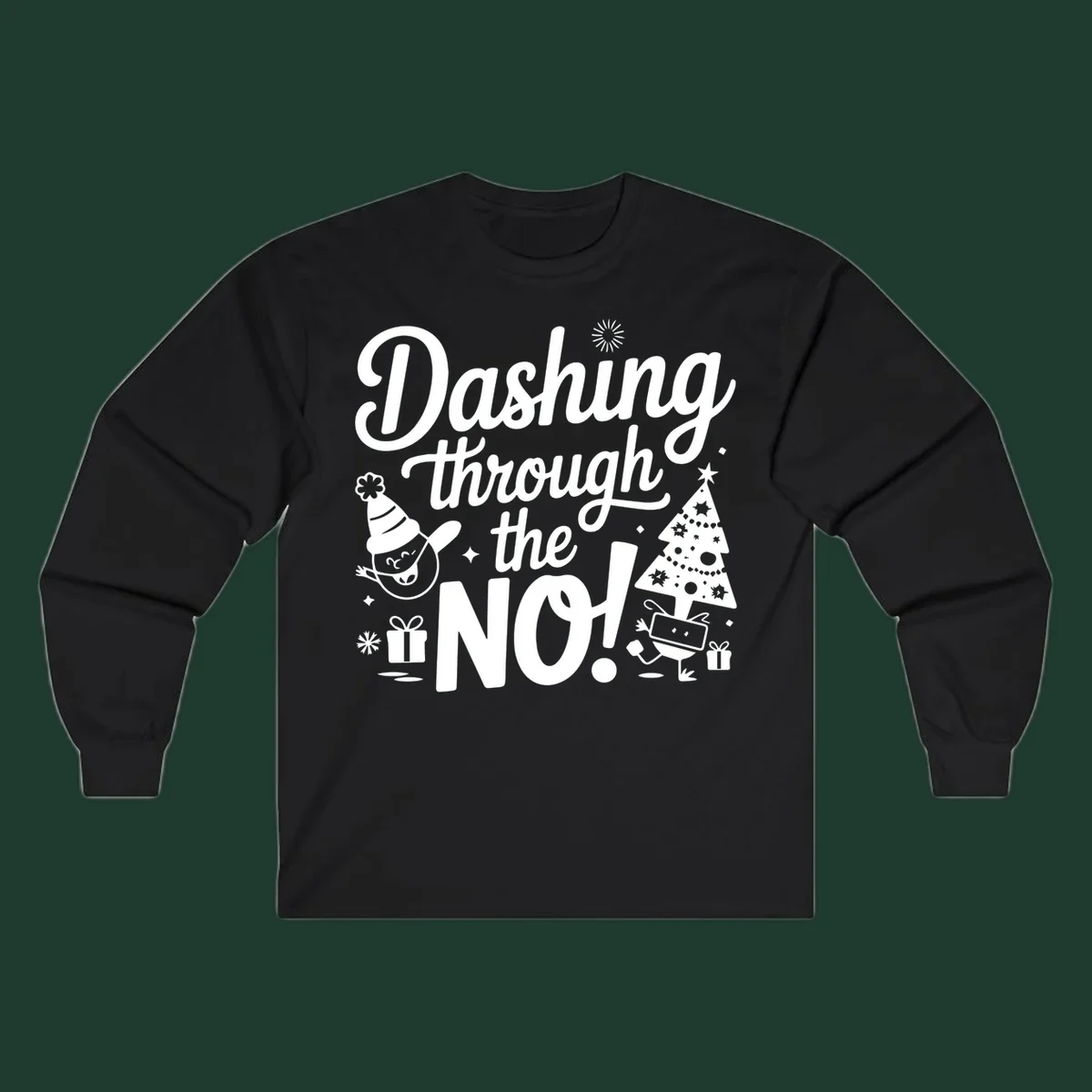 Dashing through the NO! Christmas graphic with text, tree, gifts, and characters.