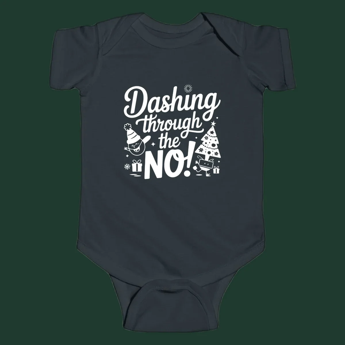 Dashing through the NO! Christmas graphic with text, tree, gifts, and characters.
