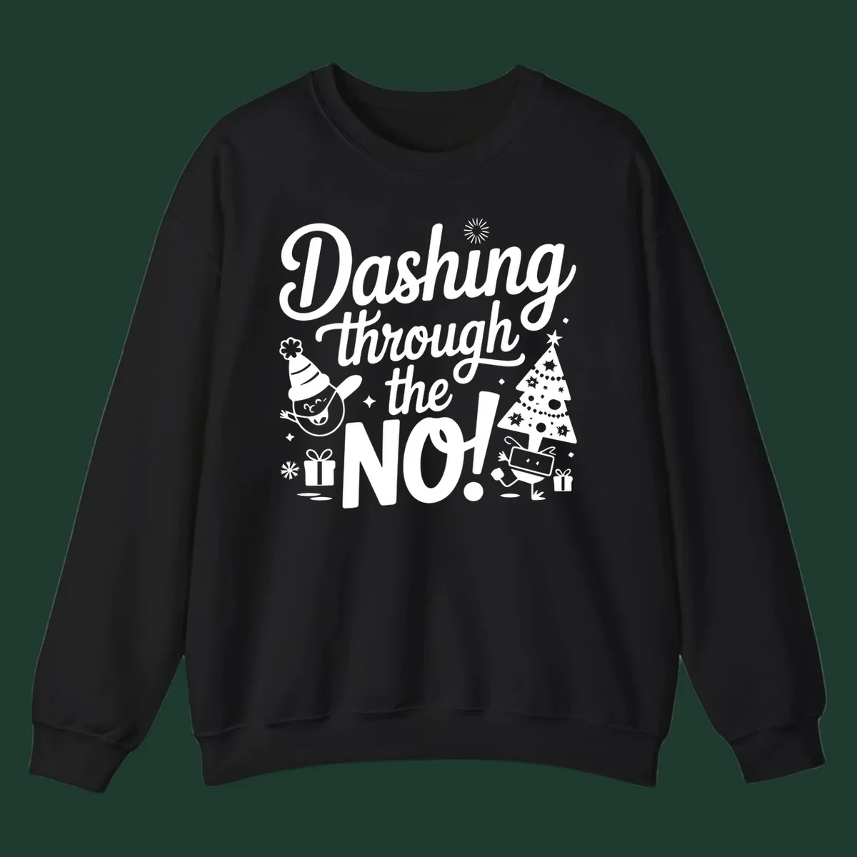 Dashing through the NO! Christmas graphic with text, tree, gifts, and characters.