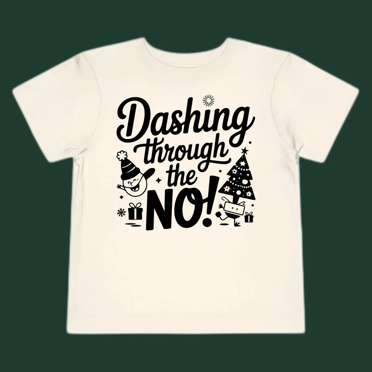 Dashing through the NO! Christmas graphic with text, tree, gifts, and characters.