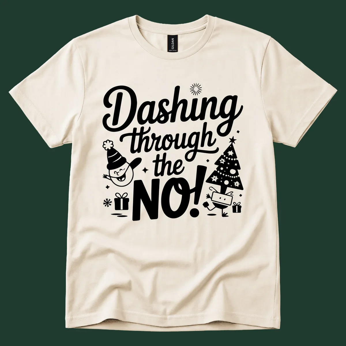Dashing through the NO! Christmas graphic with text, tree, gifts, and characters.