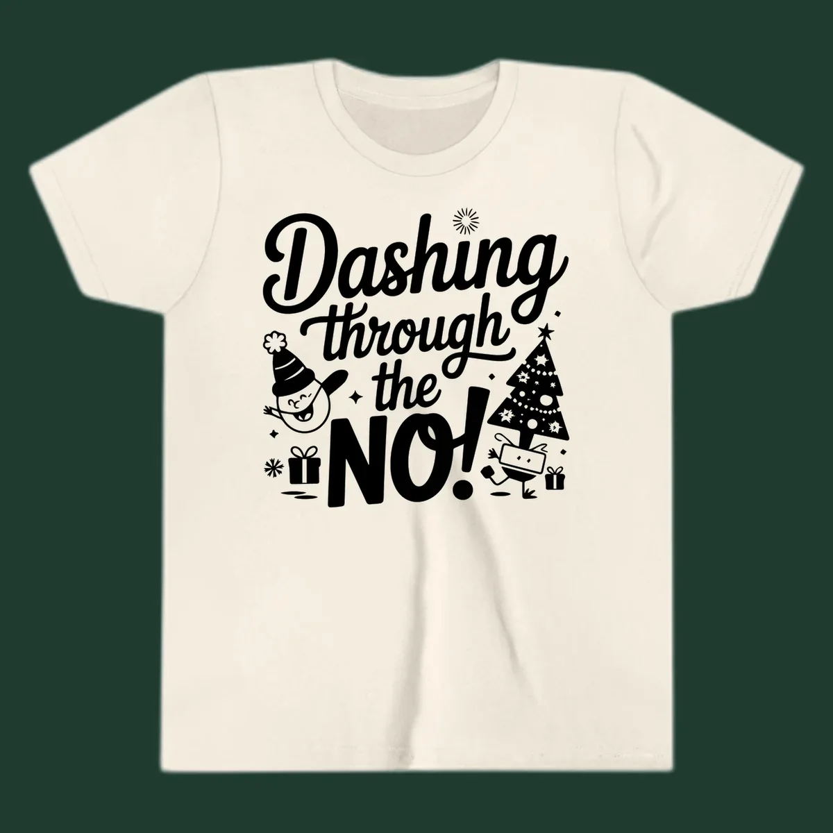Dashing through the NO! Christmas graphic with text, tree, gifts, and characters.