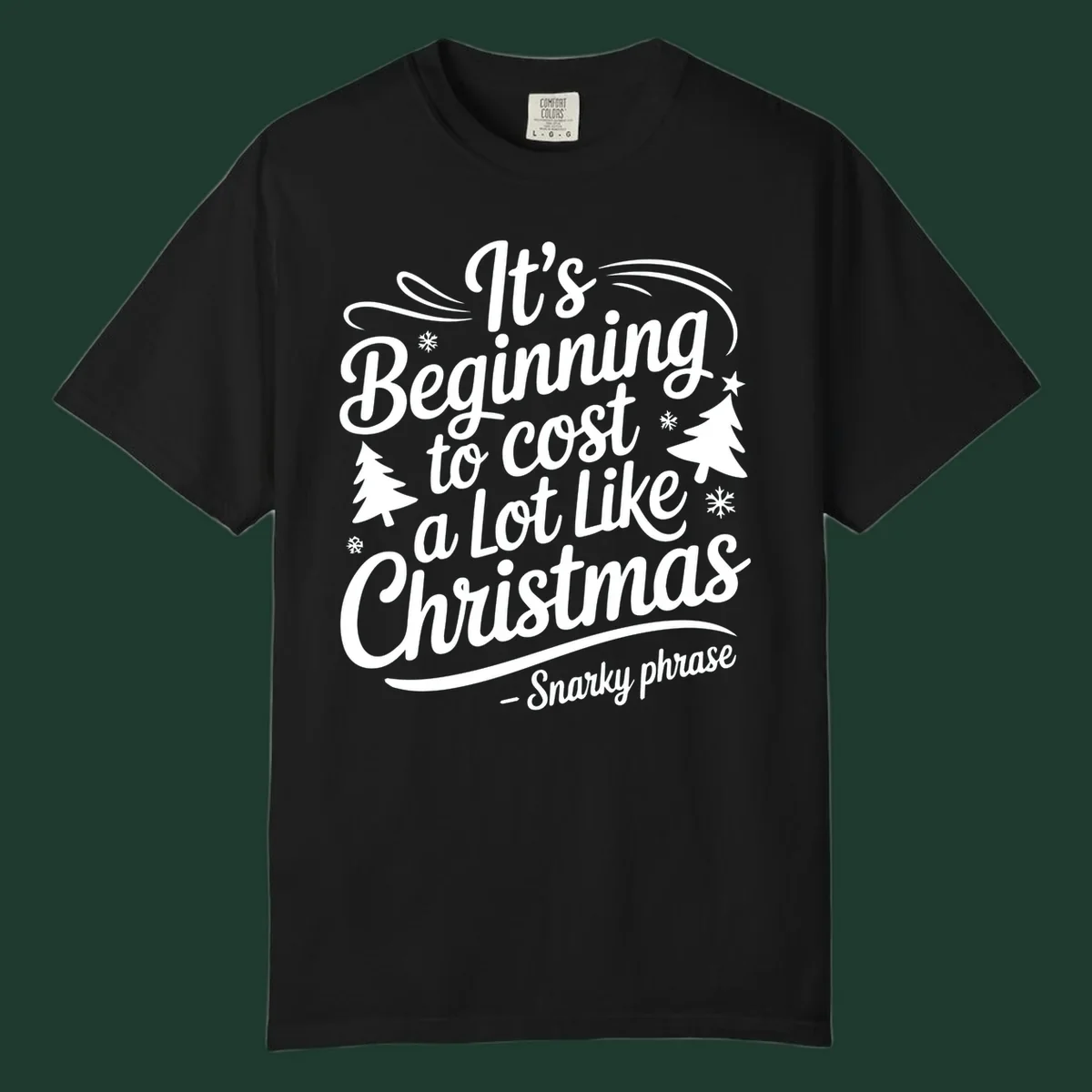 Typography design with the phrase It's Beginning to Cost A Lot Like Christmas, featuring decorative snowflakes and trees.