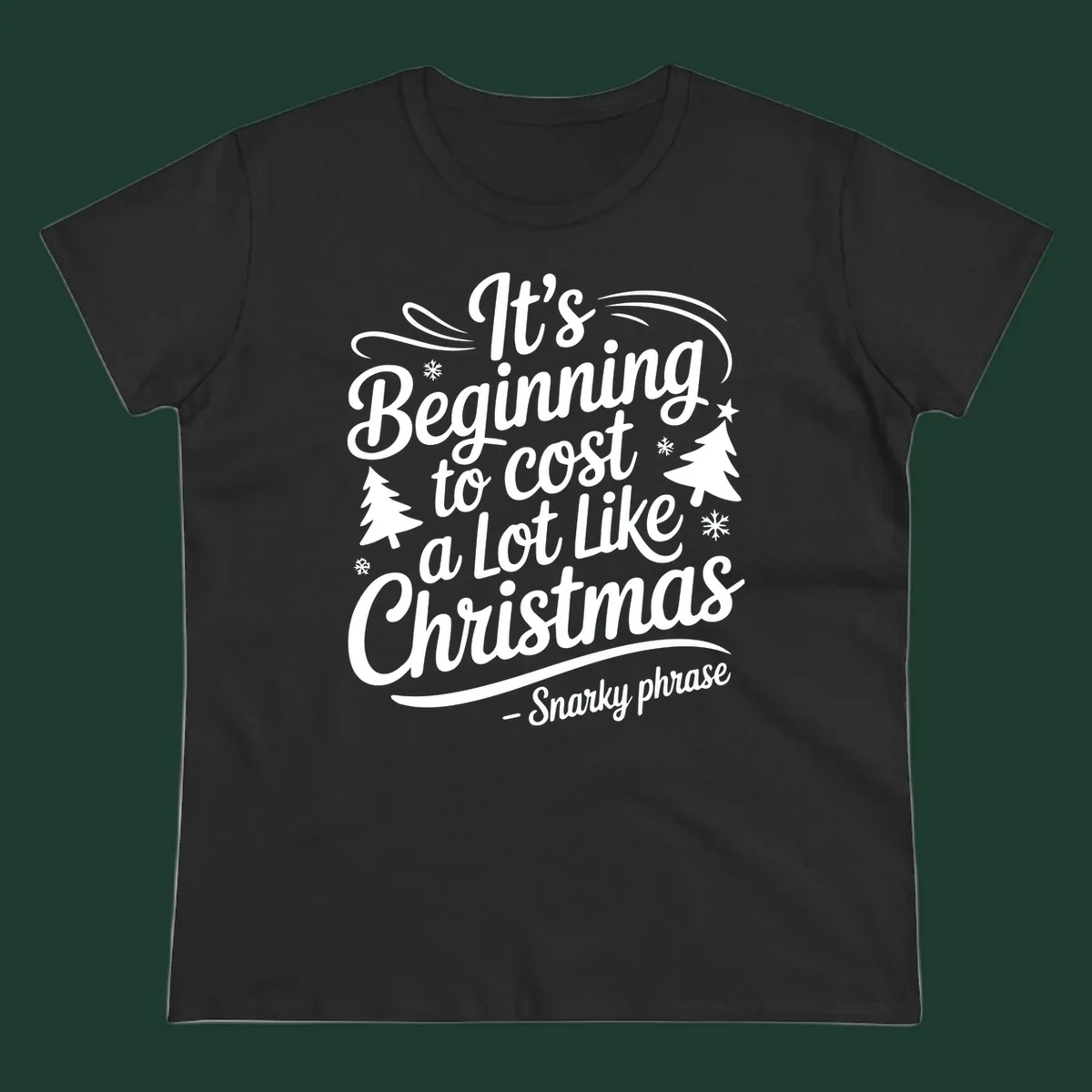Typography design with the phrase It's Beginning to Cost A Lot Like Christmas, featuring decorative snowflakes and trees.