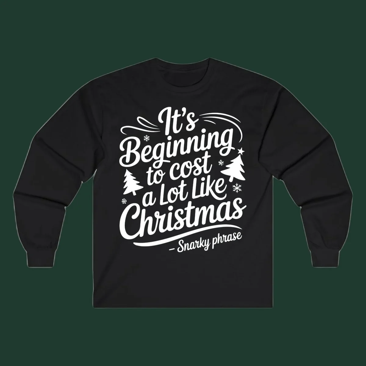 Typography design with the phrase It's Beginning to Cost A Lot Like Christmas, featuring decorative snowflakes and trees.