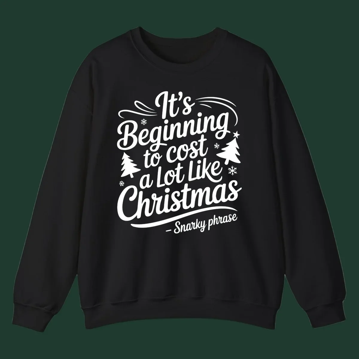 Typography design with the phrase It's Beginning to Cost A Lot Like Christmas, featuring decorative snowflakes and trees.