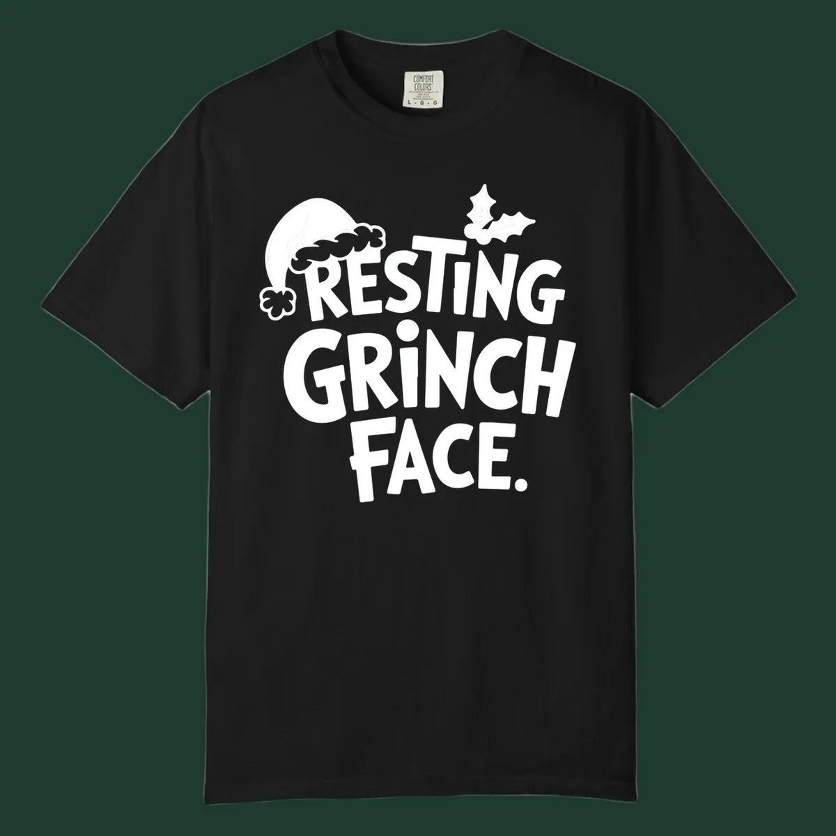 Resting Grinch Face text with Santa hat and holly sprig